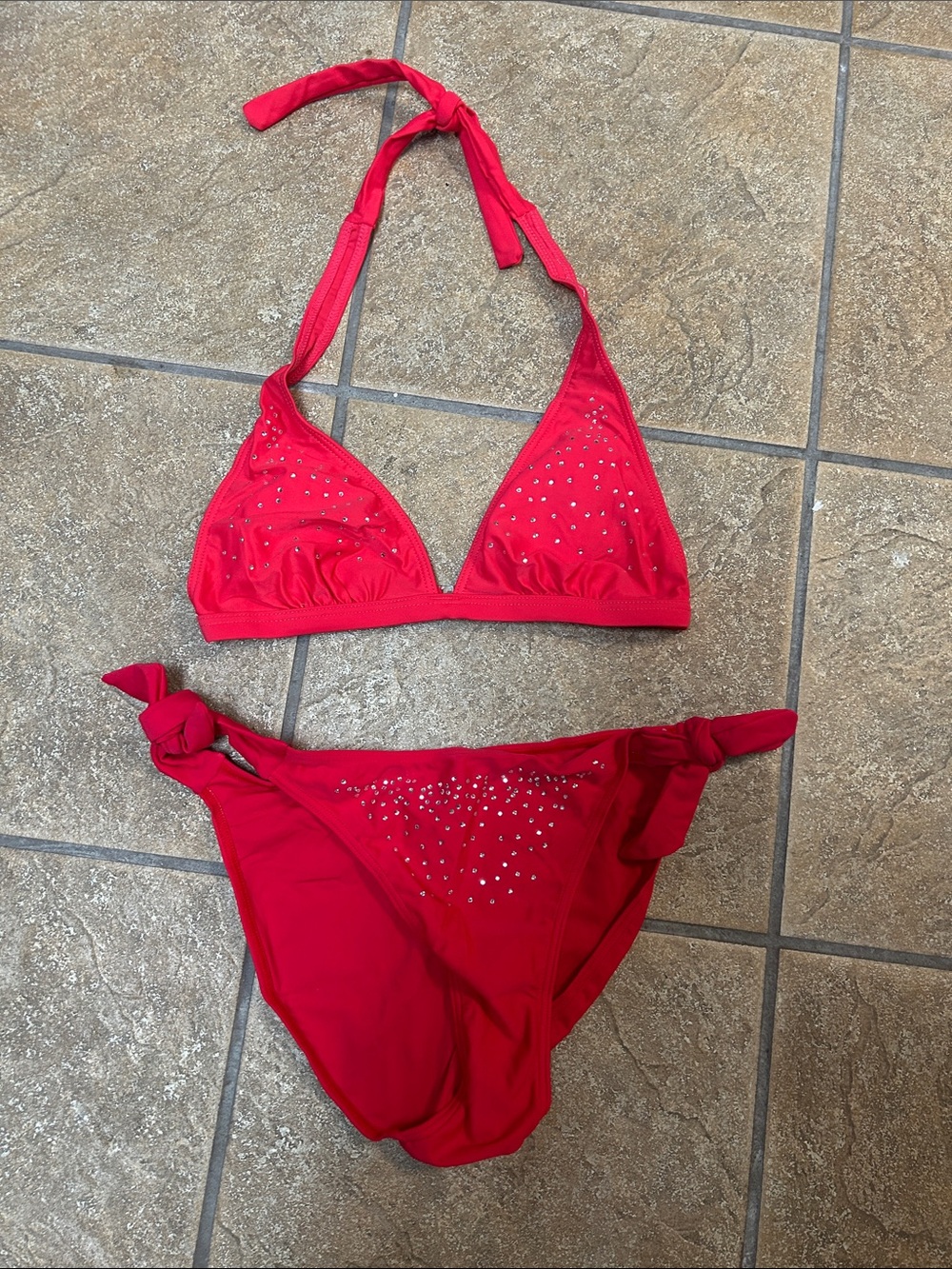 Women’s Red Bikini Set with Rhinestone Accents